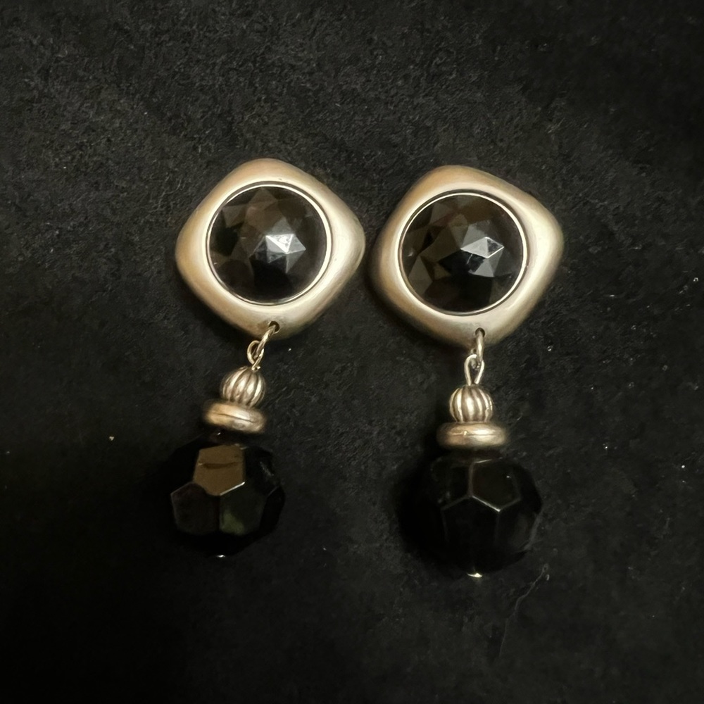 Clip On Earrings Silver and Black Dangle